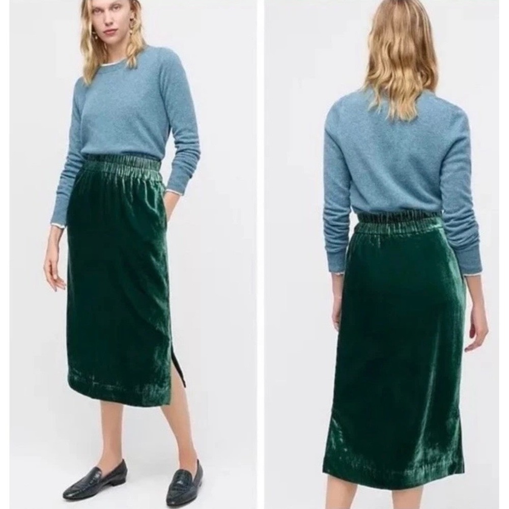 J.Crew Green Velvet Midi Skirt Elastic Waist Side Slit  Dark Green Small